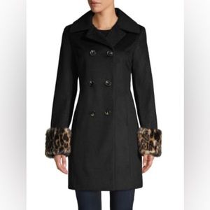 TAHARI Wool Blend Peacoat with Removable Faux Fur Cuffs NWT